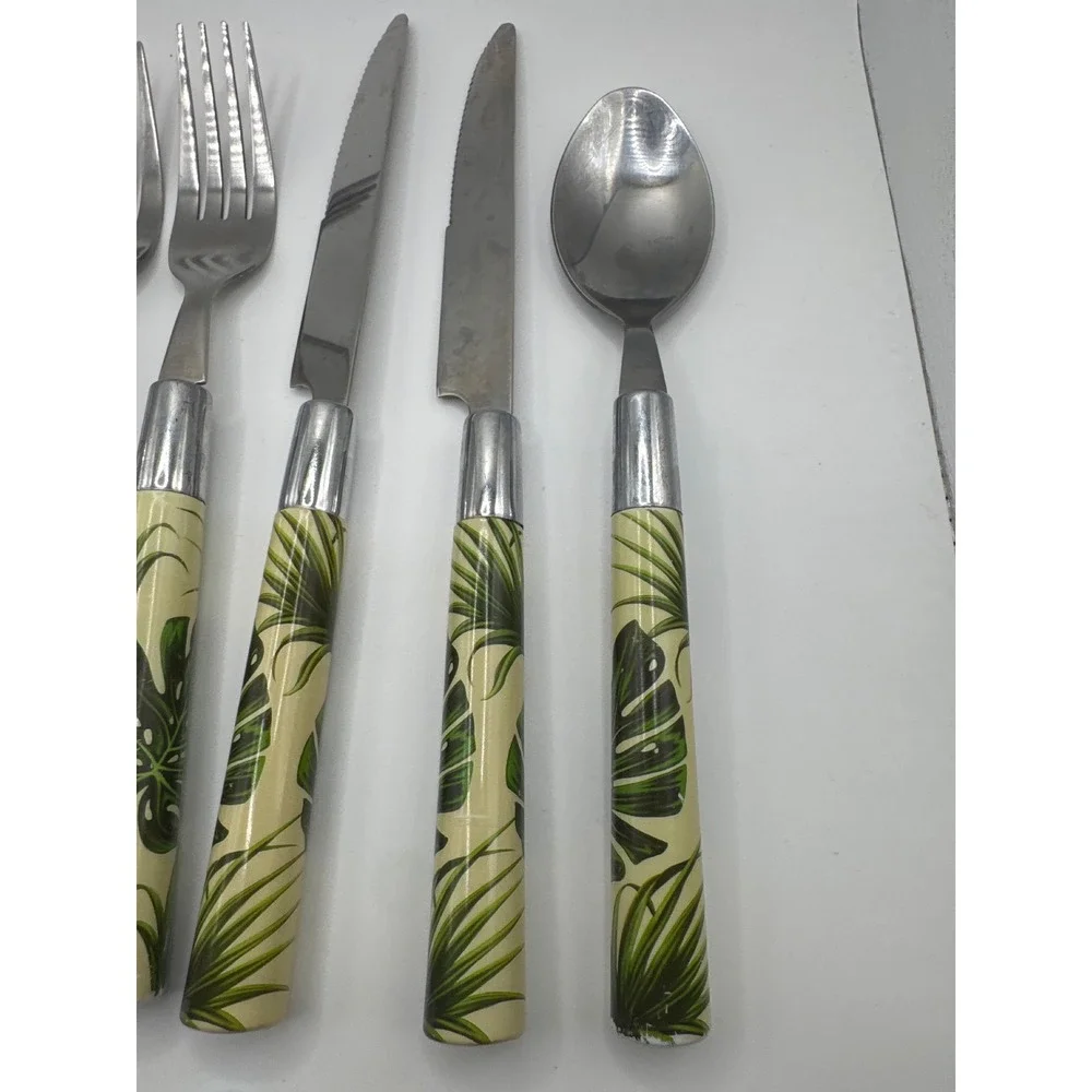Cambridge Stainless Flatware Set 6pc Tropical Monstera Leaf Pattern Green Cream